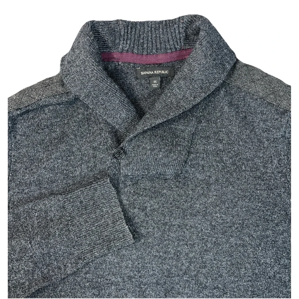 Banana Republic Mens Shawl Collar Merino Wool Gray Pullover Sweater Medium C1206